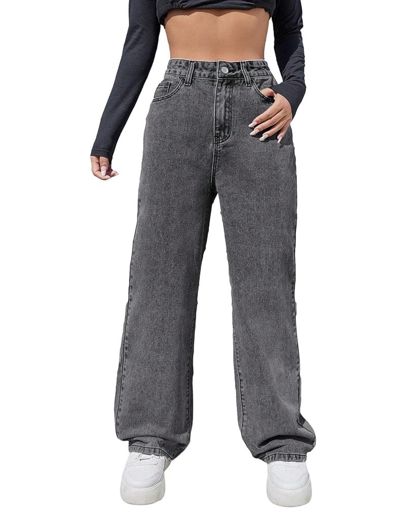 Women's Casual High Waisted Zipper Fly Jeans Straight Wide Leg Denim Pants Dark Grey $18.80 Jeans