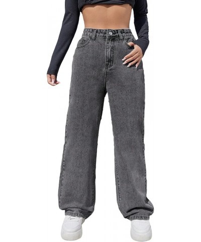 Women's Casual High Waisted Zipper Fly Jeans Straight Wide Leg Denim Pants Dark Grey $18.80 Jeans