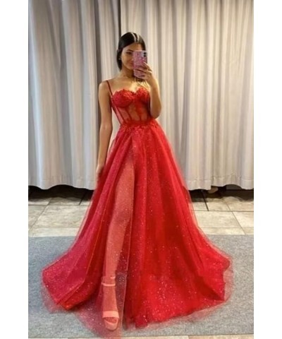 Glitter Tulle Prom Dresses Long 2023 with Split Spaghetti Straps 3D Flower Formal Evening Party Gowns Purple $33.79 Dresses