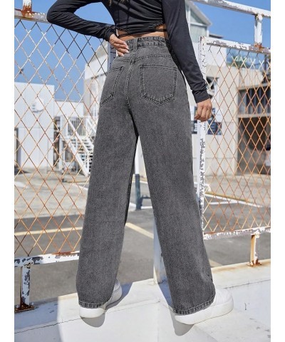 Women's Casual High Waisted Zipper Fly Jeans Straight Wide Leg Denim Pants Dark Grey $18.80 Jeans