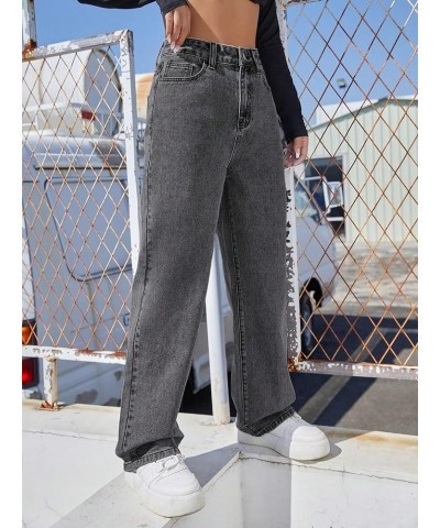 Women's Casual High Waisted Zipper Fly Jeans Straight Wide Leg Denim Pants Dark Grey $18.80 Jeans