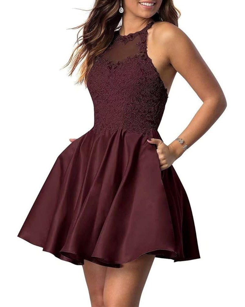 Lace-Applique Short Homecoming Dresses for Women with Pockets Satin Beaded Prom Cocktail Dress for Teens Dark Burgundy $30.23...