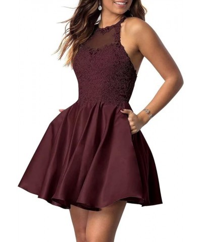 Lace-Applique Short Homecoming Dresses for Women with Pockets Satin Beaded Prom Cocktail Dress for Teens Dark Burgundy $30.23...