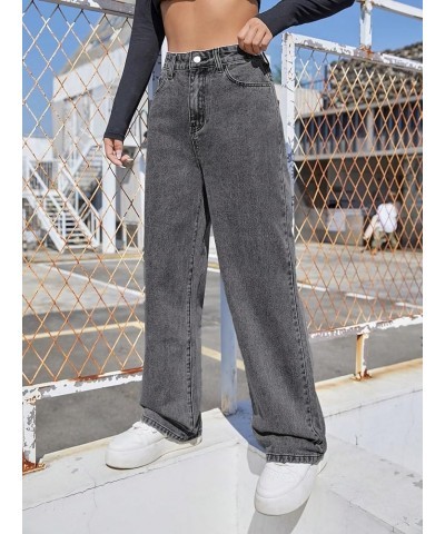 Women's Casual High Waisted Zipper Fly Jeans Straight Wide Leg Denim Pants Dark Grey $18.80 Jeans