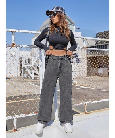 Women's Casual High Waisted Zipper Fly Jeans Straight Wide Leg Denim Pants Dark Grey $18.80 Jeans