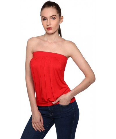 Women Strapless Pleated Blouson Tube Top Red $11.33 Tanks