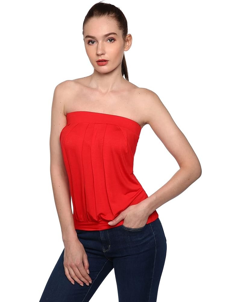 Women Strapless Pleated Blouson Tube Top Red $11.33 Tanks