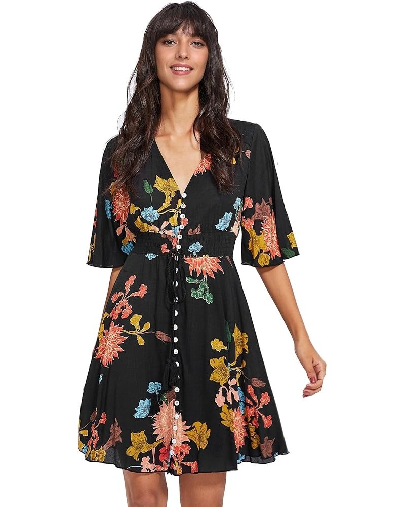 Women's Boho Button Up Split Floral Print Flowy Party Dress Black $19.68 Dresses