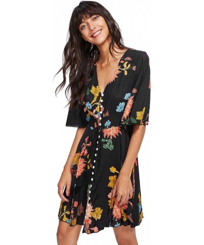 Women's Boho Button Up Split Floral Print Flowy Party Dress Black $19.68 Dresses