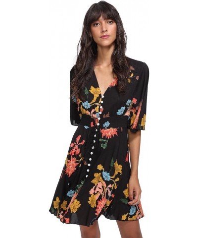 Women's Boho Button Up Split Floral Print Flowy Party Dress Black $19.68 Dresses