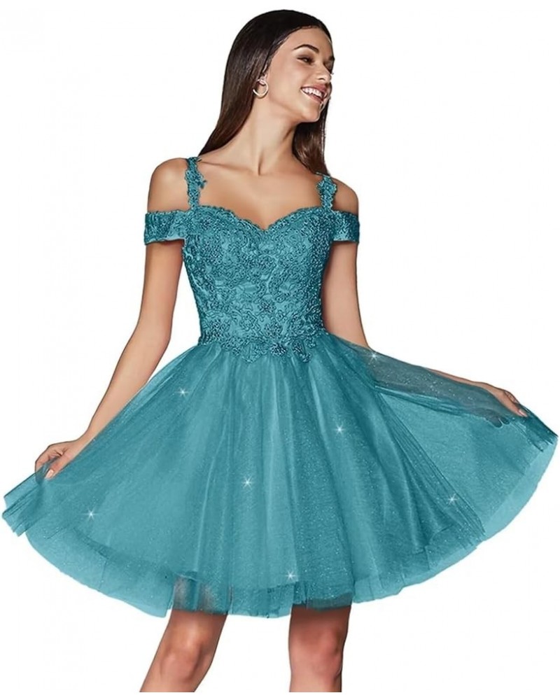 Sparkly Float Applique Tulle Homecoming Dresses Cold Shoulder A Line Short Beaded Prom Cocktail Party Gowns for Teens Turquoi...