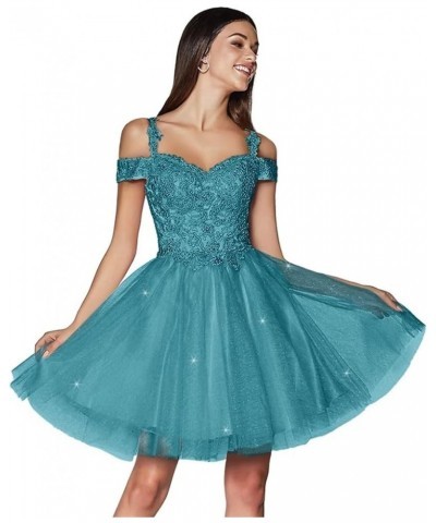 Sparkly Float Applique Tulle Homecoming Dresses Cold Shoulder A Line Short Beaded Prom Cocktail Party Gowns for Teens Turquoi...