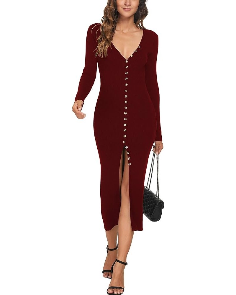 Womens Deep V Neck Button Down Long Knit Cardigan Outerwear Bodycon Long Sleeves Sweater Maxi Dress 6008 Wine Red $16.50 Dresses