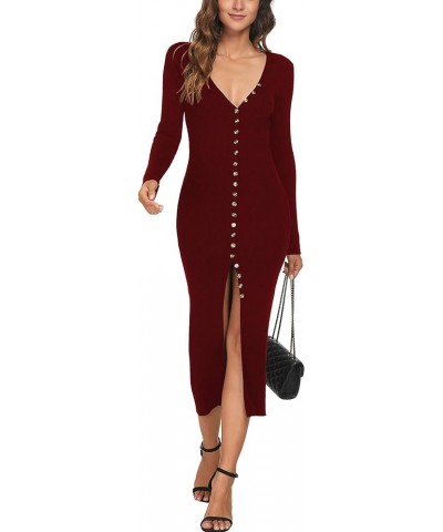 Womens Deep V Neck Button Down Long Knit Cardigan Outerwear Bodycon Long Sleeves Sweater Maxi Dress 6008 Wine Red $16.50 Dresses