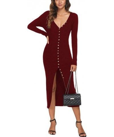 Womens Deep V Neck Button Down Long Knit Cardigan Outerwear Bodycon Long Sleeves Sweater Maxi Dress 6008 Wine Red $16.50 Dresses