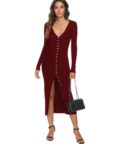 Womens Deep V Neck Button Down Long Knit Cardigan Outerwear Bodycon Long Sleeves Sweater Maxi Dress 6008 Wine Red $16.50 Dresses