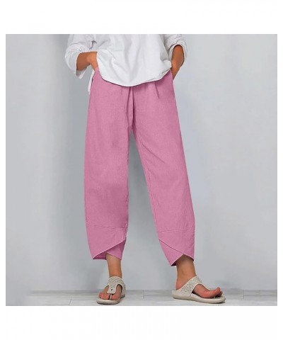 Linen Wide Leg Pants for Women Summer Casual Pockets Cropped Leisure Trousers Elastic Waist Capris Crop Pants Plus Size Linen...