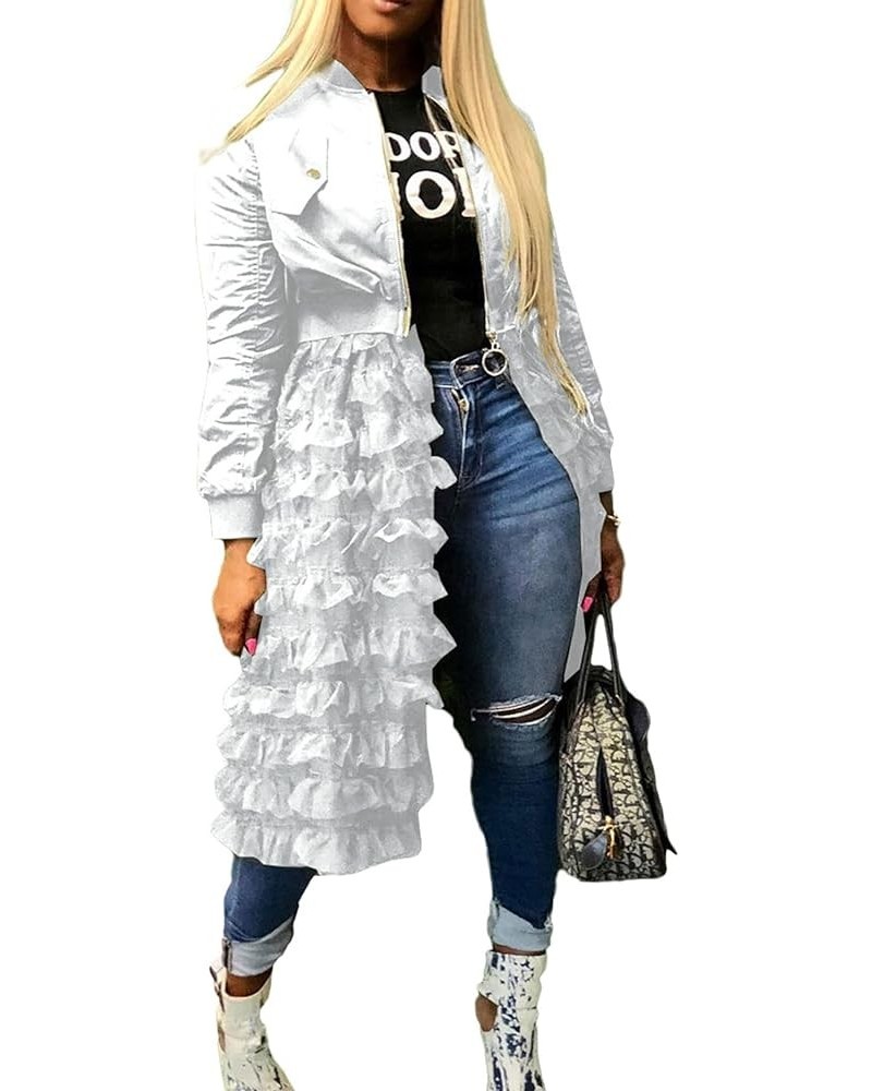 Women Zip Up Long Bomber Jacket Tiered Mesh Tulle Dress Sheer Jacket Trench Coat White $16.32 Coats