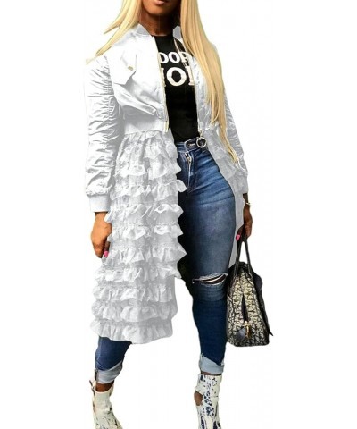 Women Zip Up Long Bomber Jacket Tiered Mesh Tulle Dress Sheer Jacket Trench Coat White $16.32 Coats