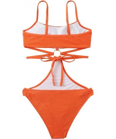 Ring Linked Cut-Out One Piece Swimsuit Scoop Neck Lace Up Back Monokini Bathing Suit Burnt Orange $20.58 Swimsuits