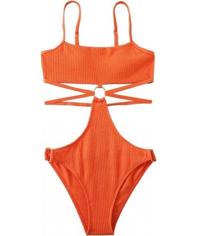 Ring Linked Cut-Out One Piece Swimsuit Scoop Neck Lace Up Back Monokini Bathing Suit Burnt Orange $20.58 Swimsuits