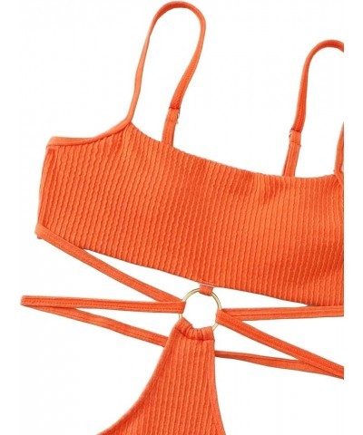 Ring Linked Cut-Out One Piece Swimsuit Scoop Neck Lace Up Back Monokini Bathing Suit Burnt Orange $20.58 Swimsuits