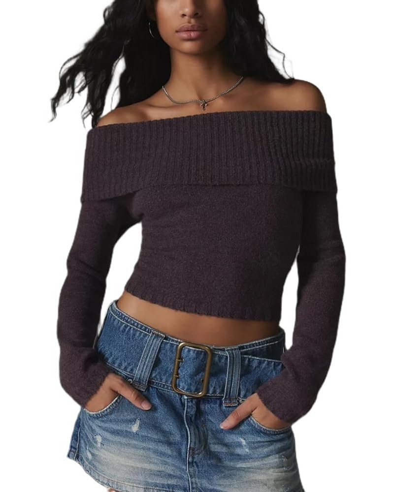 Women Casual Solid Sweater Top Long Sleeve Off Shoulder Ribbed Knit Cropped Shirt Fairy Grunge Fall Y2K Streetwear M-brown $1...