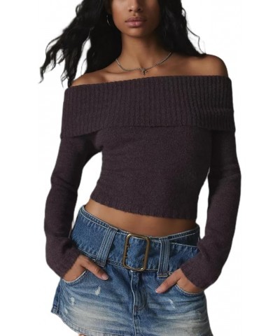 Women Casual Solid Sweater Top Long Sleeve Off Shoulder Ribbed Knit Cropped Shirt Fairy Grunge Fall Y2K Streetwear M-brown $1...