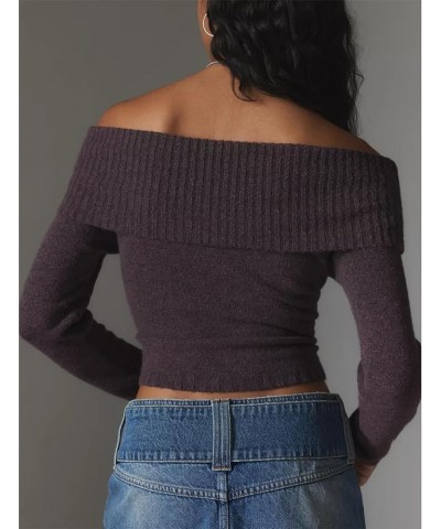 Women Casual Solid Sweater Top Long Sleeve Off Shoulder Ribbed Knit Cropped Shirt Fairy Grunge Fall Y2K Streetwear M-brown $1...