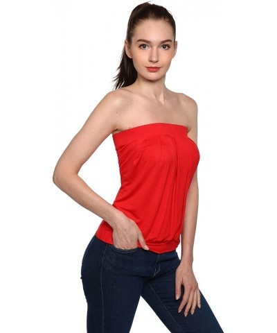 Women Strapless Pleated Blouson Tube Top Red $11.33 Tanks