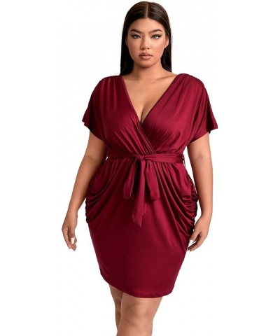 Women's Plus Size Short Sleeve Surplice Deep Warp V Neck Belted Ruched Bodycon Mini Dress Burgundy $15.39 Dresses