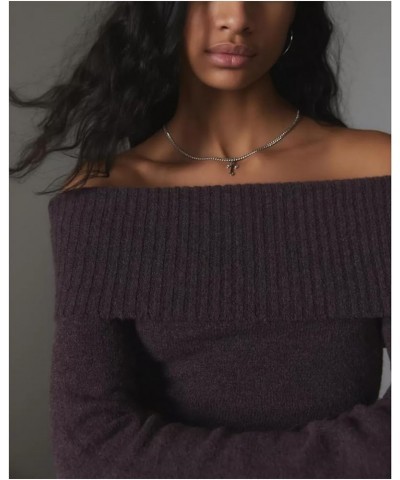 Women Casual Solid Sweater Top Long Sleeve Off Shoulder Ribbed Knit Cropped Shirt Fairy Grunge Fall Y2K Streetwear M-brown $1...