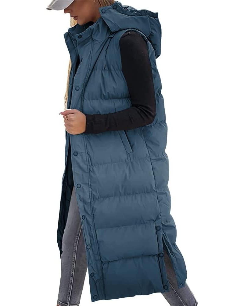 Women's long Quilted Vest hooded sleeveless Button Down puff vest cotton padded jacket winter coat Blue $31.50 Vests