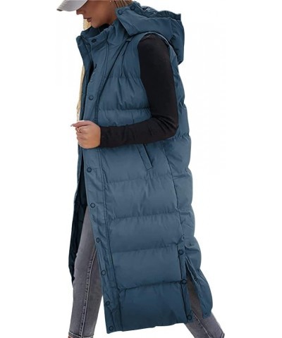 Women's long Quilted Vest hooded sleeveless Button Down puff vest cotton padded jacket winter coat Blue $31.50 Vests