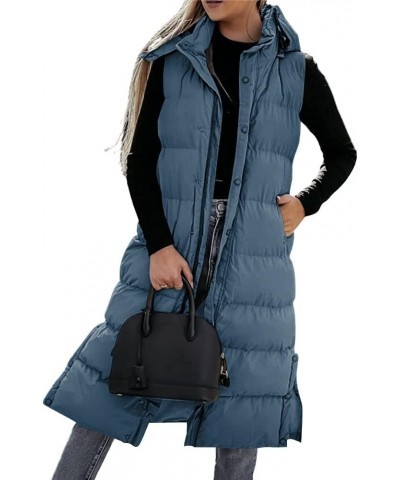 Women's long Quilted Vest hooded sleeveless Button Down puff vest cotton padded jacket winter coat Blue $31.50 Vests