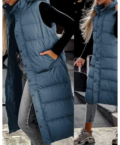 Women's long Quilted Vest hooded sleeveless Button Down puff vest cotton padded jacket winter coat Blue $31.50 Vests