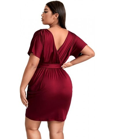 Women's Plus Size Short Sleeve Surplice Deep Warp V Neck Belted Ruched Bodycon Mini Dress Burgundy $15.39 Dresses