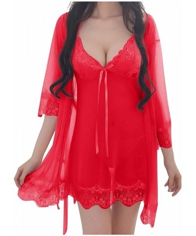 Women's Lingerie Set 3 Pieces Lace Nightdress and Shorts Satin Silk Pajamas with Robe Sleepwear Chemise Lounge Dress Red $10....