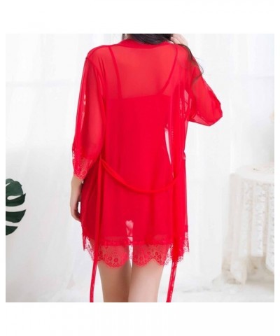 Women's Lingerie Set 3 Pieces Lace Nightdress and Shorts Satin Silk Pajamas with Robe Sleepwear Chemise Lounge Dress Red $10....