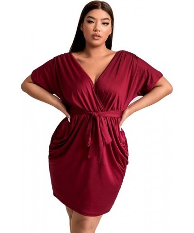 Women's Plus Size Short Sleeve Surplice Deep Warp V Neck Belted Ruched Bodycon Mini Dress Burgundy $15.39 Dresses