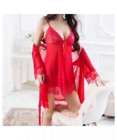 Women's Lingerie Set 3 Pieces Lace Nightdress and Shorts Satin Silk Pajamas with Robe Sleepwear Chemise Lounge Dress Red $10....