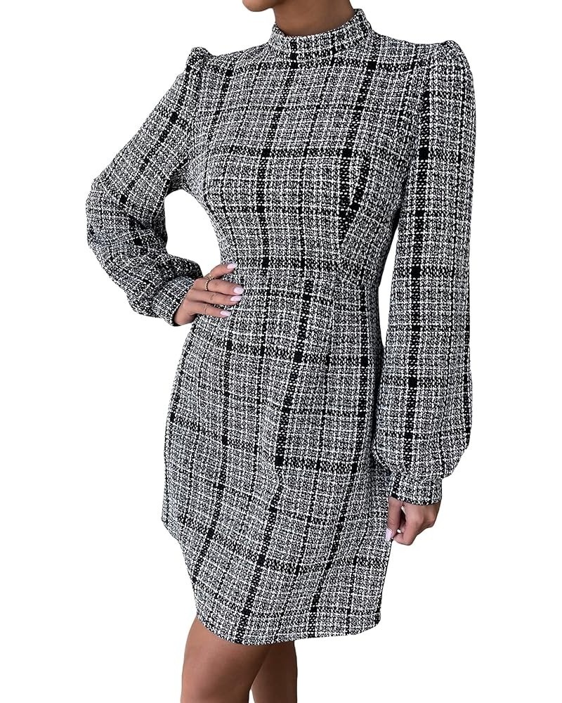 Women's Plaid Tweed Mock Neck Lantern Long Sleeve Dress Casual A Line Dresses Dark Black White $30.24 Dresses