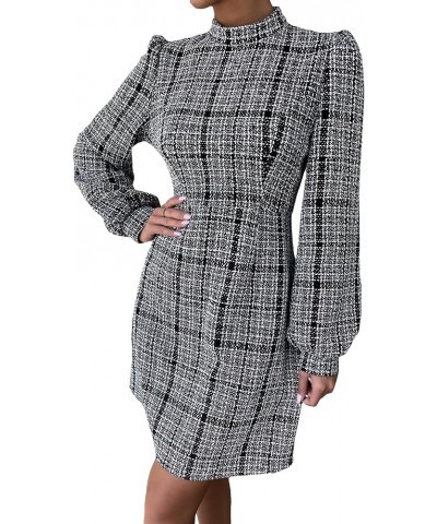 Women's Plaid Tweed Mock Neck Lantern Long Sleeve Dress Casual A Line Dresses Dark Black White $30.24 Dresses