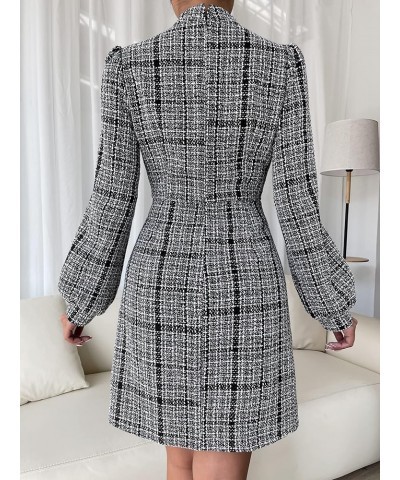 Women's Plaid Tweed Mock Neck Lantern Long Sleeve Dress Casual A Line Dresses Dark Black White $30.24 Dresses