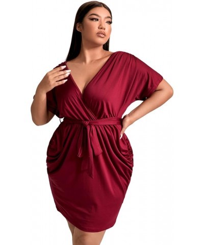 Women's Plus Size Short Sleeve Surplice Deep Warp V Neck Belted Ruched Bodycon Mini Dress Burgundy $15.39 Dresses