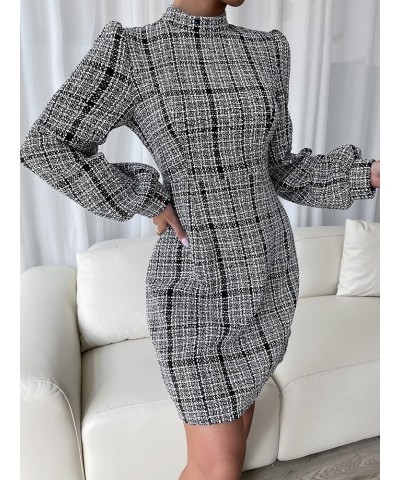 Women's Plaid Tweed Mock Neck Lantern Long Sleeve Dress Casual A Line Dresses Dark Black White $30.24 Dresses