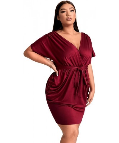 Women's Plus Size Short Sleeve Surplice Deep Warp V Neck Belted Ruched Bodycon Mini Dress Burgundy $15.39 Dresses