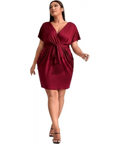 Women's Plus Size Short Sleeve Surplice Deep Warp V Neck Belted Ruched Bodycon Mini Dress Burgundy $15.39 Dresses