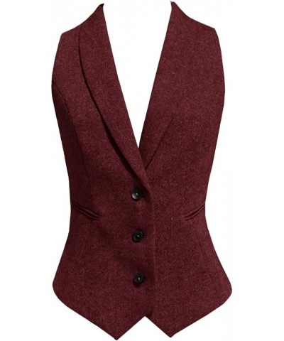 Women Wool Blend Vest V-Neck Dressy Vintage Button Down Waistcoat Burgundy $15.33 Vests