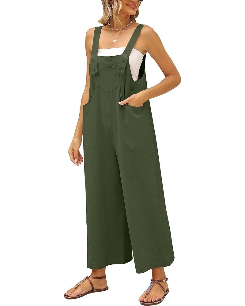 Women's Loose Wide Leg Jumpsuits Sleeveless Cotton Linen Overalls Rompers with Pockets Army Green $11.75 Overalls